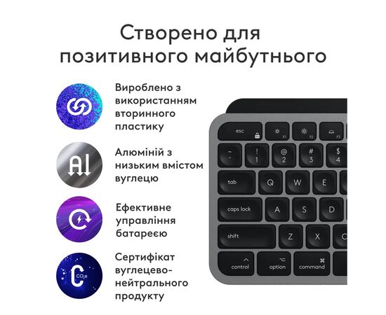 Клавиатура Logitech MX Keys S для MAC Bluetooth/Wireless UA Space Grey (920-011637), изображение 4 Клавиатура Logitech MX Keys S для MAC Bluetooth/Wireless UA Space Grey (920-011637), изображение 4