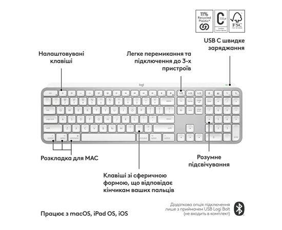 Клавиатура Logitech MX Keys S для MAC Bluetooth/Wireless UA Pale Grey (920-011638), изображение 3 Клавиатура Logitech MX Keys S для MAC Bluetooth/Wireless UA Pale Grey (920-011638), изображение 3