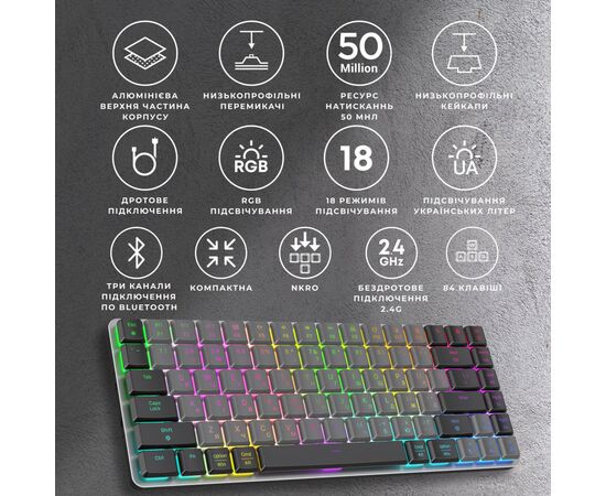 Клавіатура GamePro MK230R Red Swich Low Profile RGB Wireless/Bluetooth/USB Dark Gray (MK230R), зображення 8 Клавіатура GamePro MK230R Red Swich Low Profile RGB Wireless/Bluetooth/USB Dark Gray (MK230R), зображення 8