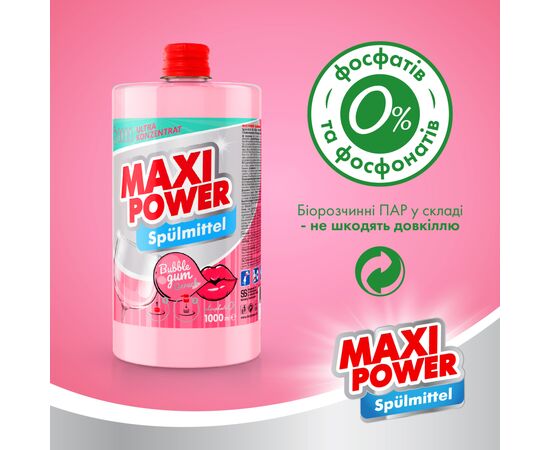 Средство для ручного мытья посуды Maxi Power Бабл Гам запаска 1000 мл (4823098411970), изображение 5 Средство для ручного мытья посуды Maxi Power Бабл Гам запаска 1000 мл (4823098411970), изображение 5