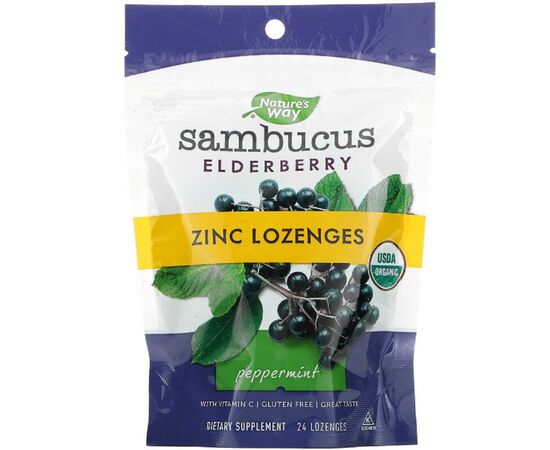 Травы Nature's Way Леденцы бузины с цинком, вкус мяты, Sambucus, Zinc Lozenges, (NWY-12088)