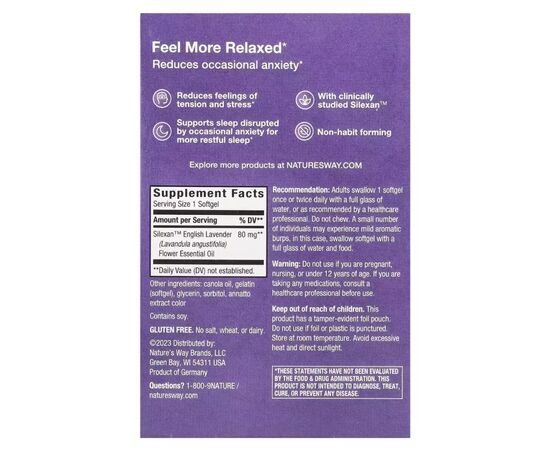 Витаминно-минеральный комплекс Nature's Way Лаванда для спокойствия и расслабления, CalmAid, Clinically Studie (NWY-15819), изображение 2 Витаминно-минеральный комплекс Nature's Way Лаванда для спокойствия и расслабления, CalmAid, Clinically Studie (NWY-15819), изображение 2