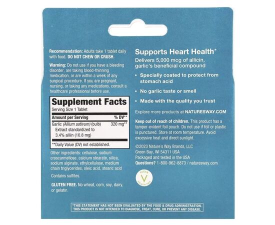 Вітамінно-мінеральний комплекс Nature's Way Екстракт часнику, 320 мг, Garlinase 5000, Garlic Extract, 30 таблеток (EMT-08503), зображення 2 Вітамінно-мінеральний комплекс Nature's Way Екстракт часнику, 320 мг, Garlinase 5000, Garlic Extract, 30 таблеток (EMT-08503), зображення 2