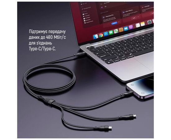 Дата кабель USB 2.0 AM to Lightning + Micro 5P + Type-C 1.2m 3.0A (PD60W data) Black ColorWay (CW-CBPDU3060-BK), изображение 10 Дата кабель USB 2.0 AM to Lightning + Micro 5P + Type-C 1.2m 3.0A (PD60W data) Black ColorWay (CW-CBPDU3060-BK), изображение 10