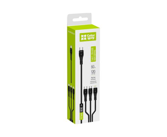 Дата кабель USB 2.0 AM to Lightning + Micro 5P + Type-C 1.2m 3.0A (PD60W data) Black ColorWay (CW-CBPDU3060-BK), изображение 6 Дата кабель USB 2.0 AM to Lightning + Micro 5P + Type-C 1.2m 3.0A (PD60W data) Black ColorWay (CW-CBPDU3060-BK), изображение 6