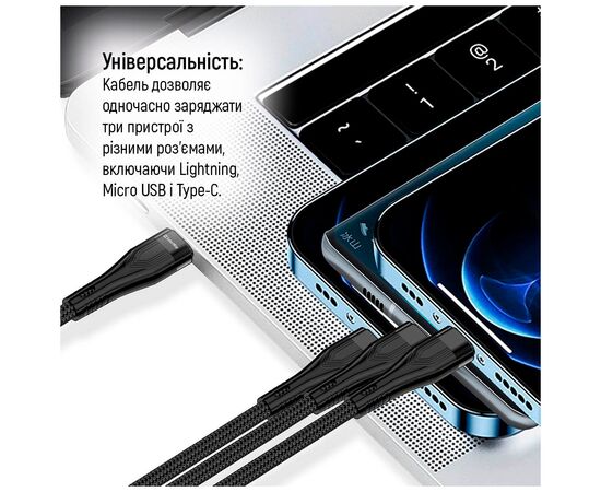 Дата кабель USB 2.0 AM to Lightning + Micro 5P + Type-C 1.2m 3.0A (PD60W data) Black ColorWay (CW-CBPDU3060-BK), изображение 8 Дата кабель USB 2.0 AM to Lightning + Micro 5P + Type-C 1.2m 3.0A (PD60W data) Black ColorWay (CW-CBPDU3060-BK), изображение 8