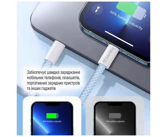 Дата кабель USB-C to USB-C 1.0m 60W 3.0А blue ColorWay (CW-CBPDCC061-BL), изображение 10 Дата кабель USB-C to USB-C 1.0m 60W 3.0А blue ColorWay (CW-CBPDCC061-BL), изображение 10