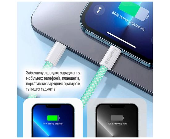 Дата кабель USB-C to Lightning 1.0m 27W green ColorWay (CW-CBPDCL061-G), изображение 11 Дата кабель USB-C to Lightning 1.0m 27W green ColorWay (CW-CBPDCL061-G), изображение 11
