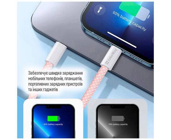 Дата кабель USB-C to Lightning 1.0m 27W pink ColorWay (CW-CBPDCL061-P), изображение 10 Дата кабель USB-C to Lightning 1.0m 27W pink ColorWay (CW-CBPDCL061-P), изображение 10