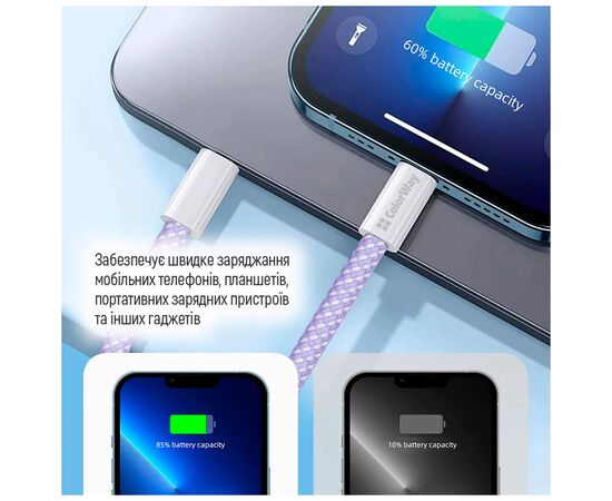 Дата кабель USB-C to Lightning 1.0m 27W purple ColorWay (CW-CBPDCL061-PU), изображение 12 Дата кабель USB-C to Lightning 1.0m 27W purple ColorWay (CW-CBPDCL061-PU), изображение 12