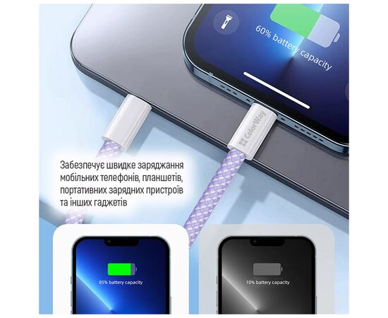 Дата кабель USB-C to USB-C 1.0m 60W 3.0А purple ColorWay (CW-CBPDCC061-PU), изображение 12 Дата кабель USB-C to USB-C 1.0m 60W 3.0А purple ColorWay (CW-CBPDCC061-PU), изображение 12
