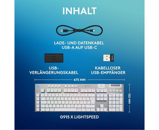 Клавиатура Logitech G915 X Lightspeed Switch-Tactile Wireless/Bluetooth/USB UA White (920-012690), изображение 11 Клавиатура Logitech G915 X Lightspeed Switch-Tactile Wireless/Bluetooth/USB UA White (920-012690), изображение 11