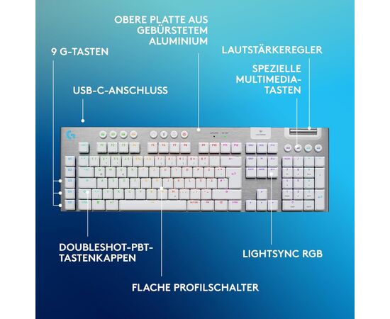 Клавиатура Logitech G915 X Lightspeed Switch-Tactile Wireless/Bluetooth/USB UA White (920-012690), изображение 8 Клавиатура Logitech G915 X Lightspeed Switch-Tactile Wireless/Bluetooth/USB UA White (920-012690), изображение 8
