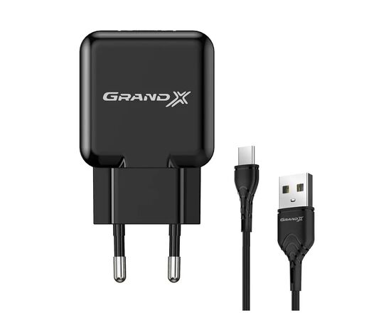 Зарядний пристрій Grand-X CH-03T USB 5V 2,1A Black + cable USB -> Type C, Cu, 4A, TPE (CH-03T)