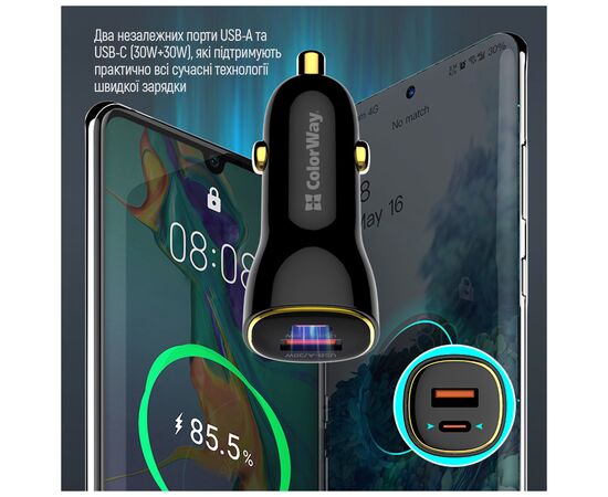 Зарядное устройство ColorWay PowerDelivery PPS USB (USB-A + USB-C) (60W) Black (CW-CHA046PD-BK), изображение 10 Зарядное устройство ColorWay PowerDelivery PPS USB (USB-A + USB-C) (60W) Black (CW-CHA046PD-BK), изображение 10