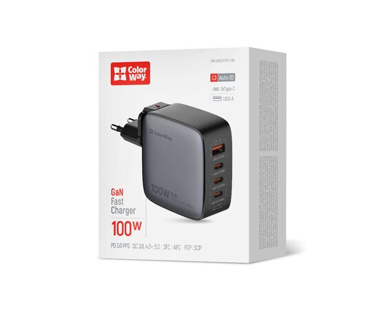 Зарядное устройство ColorWay Power Delivery GaN (USB-A + 3USB TYPE-C) (100W) (CW-CHS047PD-BK), изображение 6 Зарядное устройство ColorWay Power Delivery GaN (USB-A + 3USB TYPE-C) (100W) (CW-CHS047PD-BK), изображение 6