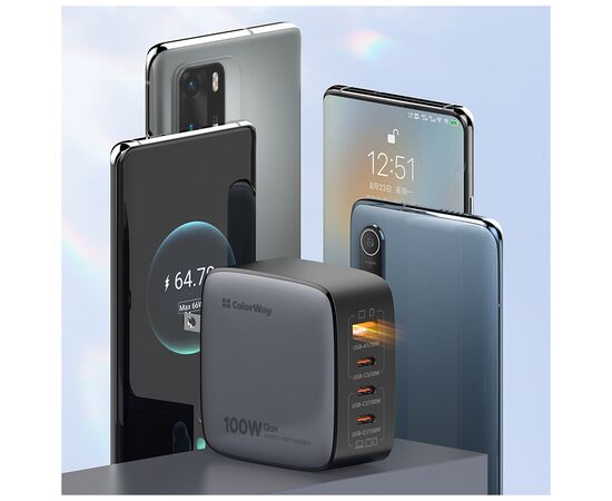 Зарядное устройство ColorWay Power Delivery GaN (USB-A + 3USB TYPE-C) (100W) (CW-CHS047PD-BK), изображение 7 Зарядное устройство ColorWay Power Delivery GaN (USB-A + 3USB TYPE-C) (100W) (CW-CHS047PD-BK), изображение 7