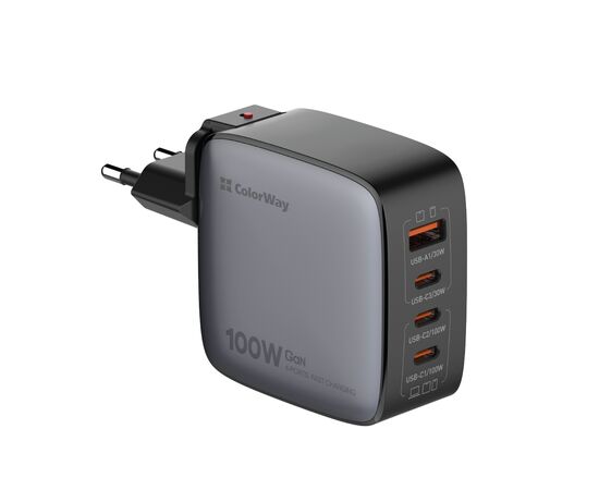 Зарядний пристрій ColorWay Power Delivery GaN (USB-A + 3USB TYPE-C) (100W) (CW-CHS047PD-BK)