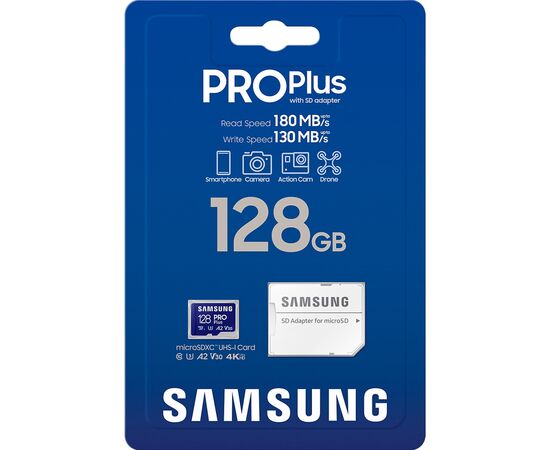 Карта памяти Samsung 128 GB microSDXC Pro Plus UHS-I U3 V30 A2 Class 10 + SD-adapter (MB-MD128SA/EU), изображение 3 Карта памяти Samsung 128 GB microSDXC Pro Plus UHS-I U3 V30 A2 Class 10 + SD-adapter (MB-MD128SA/EU), изображение 3