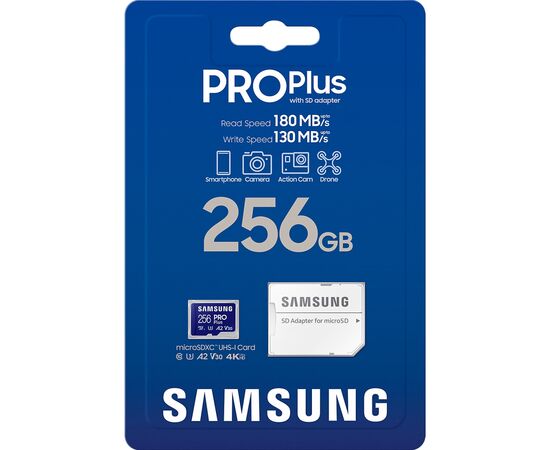 Карта памяти Samsung 256 GB microSDXC Pro Plus UHS-I U3 V30 A2 Class 10 + SD-adap (MB-MD256SA/EU), изображение 3 Карта памяти Samsung 256 GB microSDXC Pro Plus UHS-I U3 V30 A2 Class 10 + SD-adap (MB-MD256SA/EU), изображение 3
