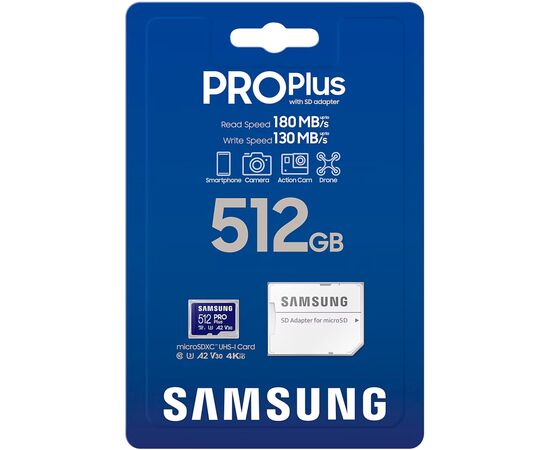 Карта памяти Samsung 512 GB microSDXC Pro Plus UHS-I U3 V30 A2 Class 10 + SD-adap (MB-MD512SA/EU), изображение 3 Карта памяти Samsung 512 GB microSDXC Pro Plus UHS-I U3 V30 A2 Class 10 + SD-adap (MB-MD512SA/EU), изображение 3