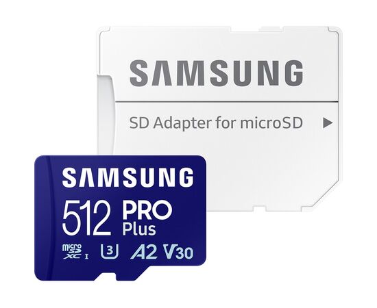 Карта пам'яті Samsung 512 GB microSDXC Pro Plus UHS-I U3 V30 A2 Class 10 + SD-adap (MB-MD512SA/EU)