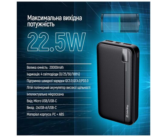 Батарея универсальная ColorWay 20 000 mAh PD/22.5W, QC/3.0, black (CW-PB200LPA4BK-PD), изображение 7 Батарея универсальная ColorWay 20 000 mAh PD/22.5W, QC/3.0, black (CW-PB200LPA4BK-PD), изображение 7