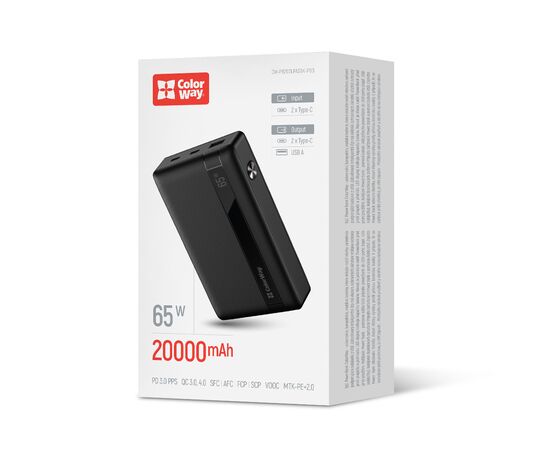 Батарея универсальная ColorWay 20 000 mAh PD/65W, QC/3.0, black (CW-PB200LPA3BK-PDD), изображение 6 Батарея универсальная ColorWay 20 000 mAh PD/65W, QC/3.0, black (CW-PB200LPA3BK-PDD), изображение 6