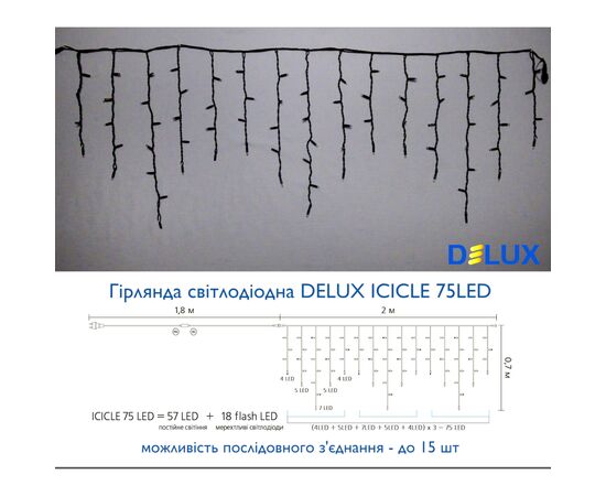 Гирлянда Delux Icicle 75LED 2x0.7m 18 flash теплый белый/черный IP44 EN (90012960), изображение 3 Гирлянда Delux Icicle 75LED 2x0.7m 18 flash теплый белый/черный IP44 EN (90012960), изображение 3