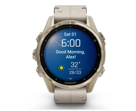 Смарт-часы Garmin fenix 8 43mm, AMOLED, Saph, SftGldSS/FogGryLeatherBnd, Excl, GPS (010-02903-40), изображение 9 Смарт-часы Garmin fenix 8 43mm, AMOLED, Saph, SftGldSS/FogGryLeatherBnd, Excl, GPS (010-02903-40), изображение 9