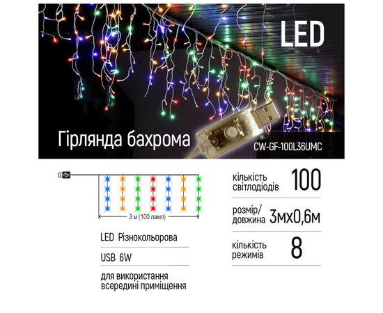 Гирлянда ColorWay Бахрома 3 м x 0.6 м 100 Led IP20 цветная USB (CW-GF-100L36UMC), изображение 2 Гирлянда ColorWay Бахрома 3 м x 0.6 м 100 Led IP20 цветная USB (CW-GF-100L36UMC), изображение 2