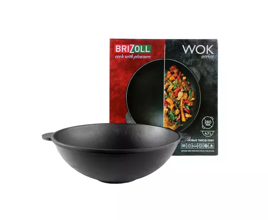 Сковорода Brizoll чавунна WOK з чавунною кришкою 3,7 л 280х96 мм (W28-1), изображение 4 Сковорода Brizoll чавунна WOK з чавунною кришкою 3,7 л 280х96 мм (W28-1), изображение 4