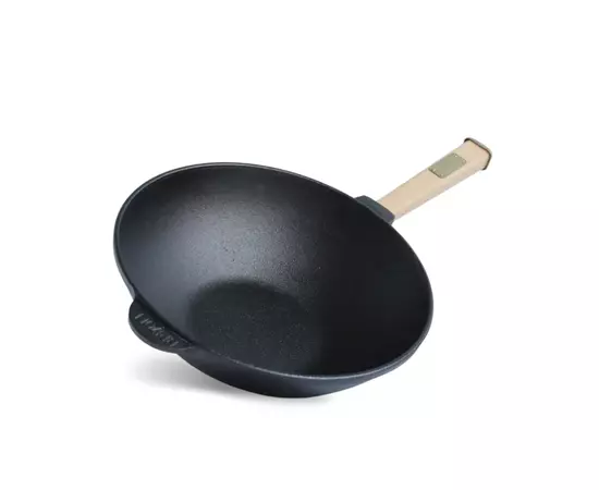 Сковорода Brizoll чавунна WOK з дерев'яною ручкою та скляною кришкою 2,8 л 260х80 мм (W26H-6), изображение 3 Сковорода Brizoll чавунна WOK з дерев'яною ручкою та скляною кришкою 2,8 л 260х80 мм (W26H-6), изображение 3