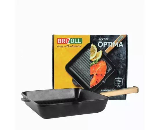 Сковорода Brizoll Optima чавунна квадратна Гриль з ручкою 280х280х50 мм (O282850G-P), изображение 2 Сковорода Brizoll Optima чавунна квадратна Гриль з ручкою 280х280х50 мм (O282850G-P), изображение 2