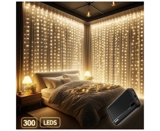 Гирлянда ColorWay Штора занавес 3 x 3 м 300 LED USB теплый цвет (CW-GW-300L33U), изображение 2 Гирлянда ColorWay Штора занавес 3 x 3 м 300 LED USB теплый цвет (CW-GW-300L33U), изображение 2