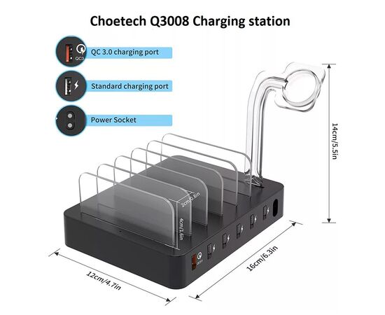 Зарядное устройство Choetech 6xUSB 68W Charing Station (6хUSB-A) 2xMicroUSB 2xLighting 2xUCB-C (Q3008-EU-BK), изображение 5 Зарядное устройство Choetech 6xUSB 68W Charing Station (6хUSB-A) 2xMicroUSB 2xLighting 2xUCB-C (Q3008-EU-BK), изображение 5