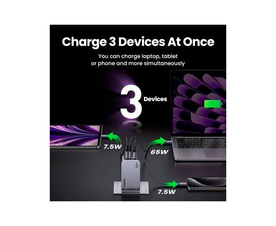 Зарядное устройство Ugreen 3xUSB 100W (2xUSB-C+USB-A) Gan Nexode Pro X757 (25874), изображение 3 Зарядное устройство Ugreen 3xUSB 100W (2xUSB-C+USB-A) Gan Nexode Pro X757 (25874), изображение 3