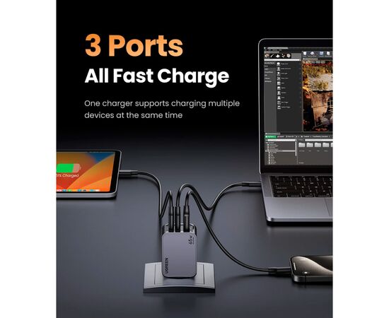 Зарядное устройство Ugreen 3xUSB 65W (2хUSB-C+USB-A) Gan Nexode Pro X755 (25871), изображение 8 Зарядное устройство Ugreen 3xUSB 65W (2хUSB-C+USB-A) Gan Nexode Pro X755 (25871), изображение 8
