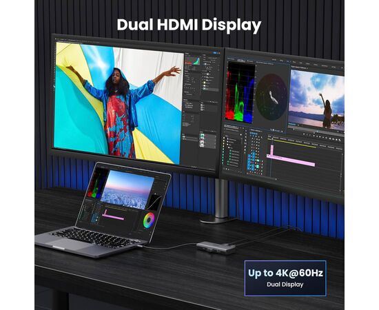 Концентратор Ugreen USB3.1 Type-C to HDMIx2 4K60Hz (8k30Hz)/USB3.0x2/Type-C/PD 100W CM498 (15852), изображение 3 Концентратор Ugreen USB3.1 Type-C to HDMIx2 4K60Hz (8k30Hz)/USB3.0x2/Type-C/PD 100W CM498 (15852), изображение 3