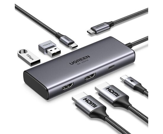 Концентратор Ugreen USB3.1 Type-C to HDMIx2 4K60Hz (8k30Hz)/USB3.0x2/Type-C/PD 100W CM498 (15852)