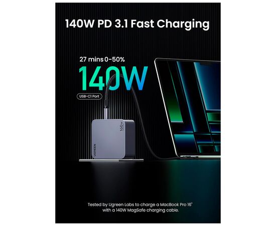 Зарядное устройство Ugreen 4xUSB 160W (3xUSB-C + USB-A) Gan Nexode Pro X763 (25877), изображение 6 Зарядное устройство Ugreen 4xUSB 160W (3xUSB-C + USB-A) Gan Nexode Pro X763 (25877), изображение 6
