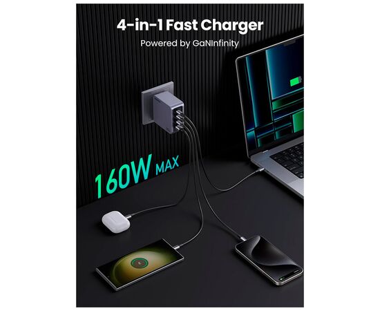 Зарядное устройство Ugreen 4xUSB 160W (3xUSB-C + USB-A) Gan Nexode Pro X763 (25877), изображение 7 Зарядное устройство Ugreen 4xUSB 160W (3xUSB-C + USB-A) Gan Nexode Pro X763 (25877), изображение 7