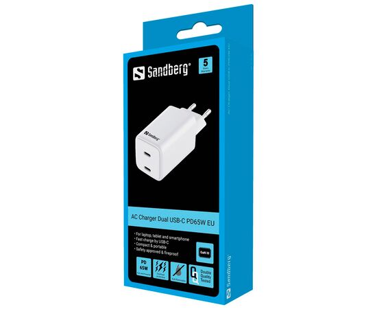 Зарядное устройство Sandberg 2xUSB 65W (2xUSB-C) Gan III (441-56), изображение 4 Зарядное устройство Sandberg 2xUSB 65W (2xUSB-C) Gan III (441-56), изображение 4