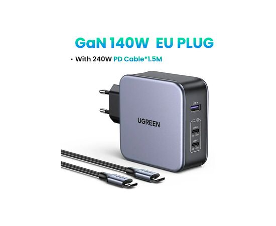 Зарядное устройство Ugreen 3xUSB 140W (2хUSB-C+USB-A) Gan CD289 with C to C Cable 1.5m (90549), изображение 3 Зарядное устройство Ugreen 3xUSB 140W (2хUSB-C+USB-A) Gan CD289 with C to C Cable 1.5m (90549), изображение 3