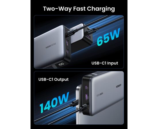 Батарея универсальная Ugreen 25000mAh 145W Two-way PD 3.1 grey (PB205), изображение 6 Батарея универсальная Ugreen 25000mAh 145W Two-way PD 3.1 grey (PB205), изображение 6