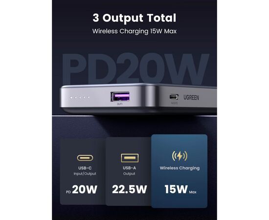 Батарея универсальная Ugreen 10000mAh 20W Mini Magnetic Wireless (15086) (PB206), изображение 6