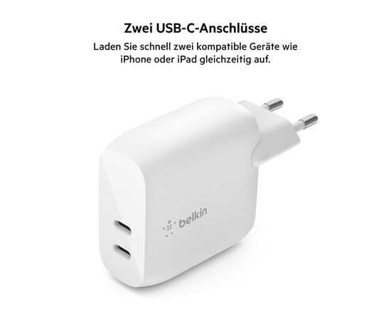 Зарядное устройство Belkin 40W 2хUSB-С PD white (WCB006VFWH), изображение 5 Зарядное устройство Belkin 40W 2хUSB-С PD white (WCB006VFWH), изображение 5