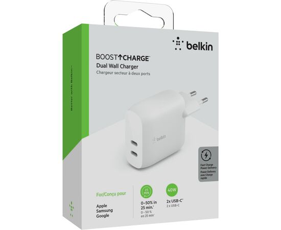 Зарядное устройство Belkin 40W 2хUSB-С PD white (WCB006VFWH), изображение 7 Зарядное устройство Belkin 40W 2хUSB-С PD white (WCB006VFWH), изображение 7