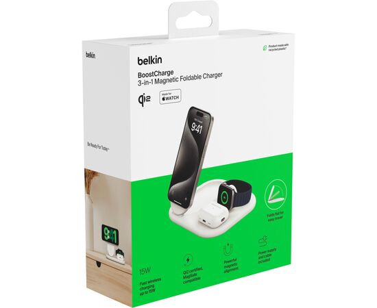 Зарядное устройство Belkin 3in1 Magnetic Foldable iPhone/Watch/AirPods Qi2 15W white (WIZ029VFWH), изображение 12 Зарядное устройство Belkin 3in1 Magnetic Foldable iPhone/Watch/AirPods Qi2 15W white (WIZ029VFWH), изображение 12