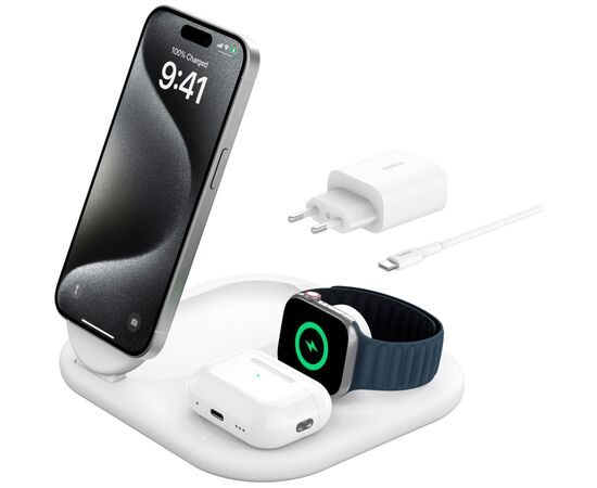 Зарядное устройство Belkin 3in1 Magnetic Foldable iPhone/Watch/AirPods Qi2 15W white (WIZ029VFWH), изображение 6 Зарядное устройство Belkin 3in1 Magnetic Foldable iPhone/Watch/AirPods Qi2 15W white (WIZ029VFWH), изображение 6